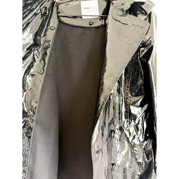 NWT Jane Post Military Trench Black Double Breasted Raincoat High Shine Black M - Picture 8 of 13